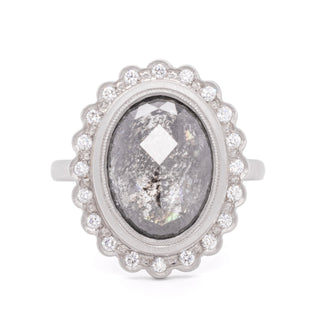 Custom Oval Black Diamond Scalloped Halo Platinum Ring