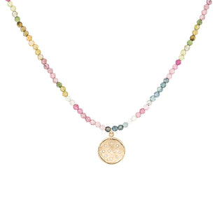 'Wrap' Gemstone 10mm Diamond Spray Hammered Disc Necklace - Anne Sportun Fine Jewellery