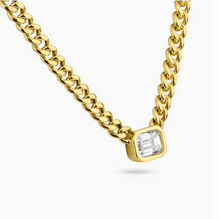EMERALD CUT DIAMOND BEZEL & CURB CHAIN NECKLACE