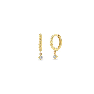 Beaded Hinge Huggie Hoop With Dangling Diamond | 14k