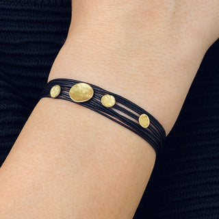 Black Linen Cord Four Hammered Disc Bracelet - Anne Sportun Fine Jewellery