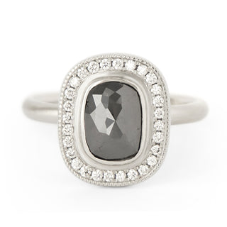 One of a Kind Cushion Black Diamond Halo Ring